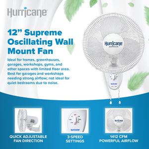 Hurricane Supreme 12 Inch Oscillating 3 Speed Portable Wall Mount Fan, White
