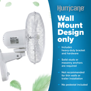 Hurricane Supreme 12 Inch Oscillating 3 Speed Portable Wall Mount Fan, White