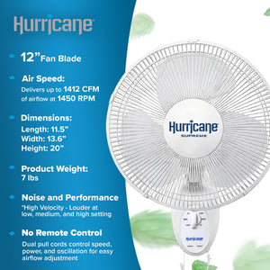 Hurricane Supreme 12 Inch Oscillating 3 Speed Portable Wall Mount Fan, White