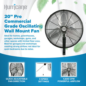 Hurricane 20 Inch Pro Commercial Grade Classic Oscillating Wall Mount Fan, Black