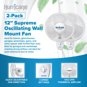 Hurricane Supreme 12 Inch Oscillating 3 Speed Portable Wall Mount Fan, 2 Pack