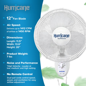 Hurricane Supreme 12 Inch Oscillating 3 Speed Portable Wall Mount Fan, 2 Pack