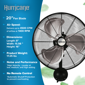 Hurricane 20 Inch Pro Series Metal Wall Mount Heavy Duty Hydroponics Fan, Black