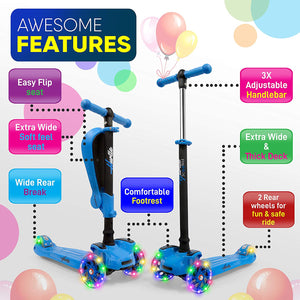 Hurtle ScootKid 3 Wheel Toddler Child Ride On Toy Scooter w/ LED Wheels, Blue