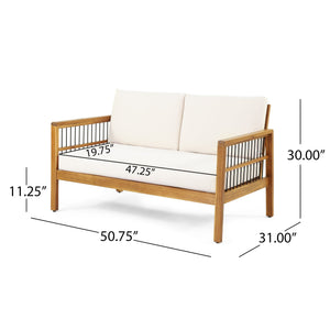 Outdoor Acacia Wood and Iron Loveseat and Coffee Table Set with Cushions, Teak