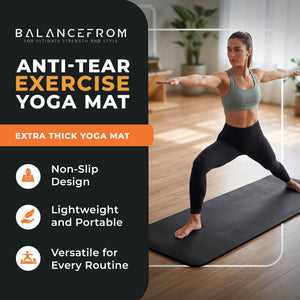 BalanceFrom Fitness GoYoga 71x24in Anti Tear Exercise Yoga Mat with Strap, Black