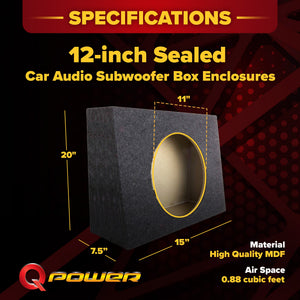 QPower QTW12 Single 12" Sealed Car Audio Subwoofer Sub Box Enclosures, Pair