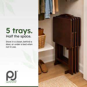 PJ Wood Folding TV Tray Tables with Compact Storage Rack, Espresso, 5 Piece Set