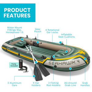 Intex Seahawk 4 Inflatable 4 Person Floating Boat Raft Set with Oars & Air Pump