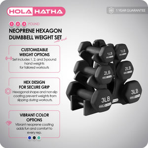 HolaHatha 1, 2 and 3 lb Neoprene Dumbbell Strength Training Weight Set with Rack