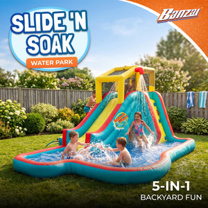 Banzai Slide N' Soak Inflatable Outdoor Kids Splash Pool Water Park Play Center