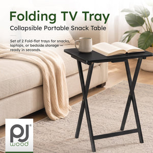 PJ Wood Folding TV Tray, Collapsible Portable Snack Tables, Black, 2 Piece Set