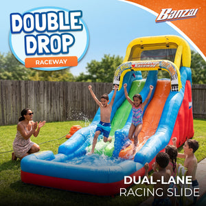 Banzai Double Drop Raceway 2 Lane Inflatable Outdoor Water Slide & Climbing Wall