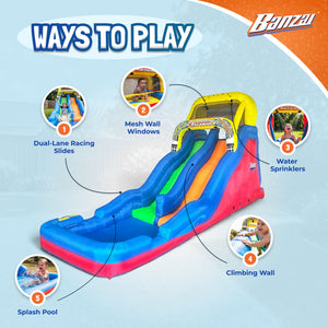 Banzai Double Drop Raceway 2 Lane Inflatable Outdoor Water Slide & Climbing Wall