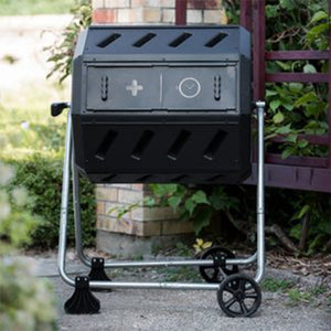 FCMP Outdoor 37 Gallon Dual Chamber Tumbling Composter Bin with Wheels, Black