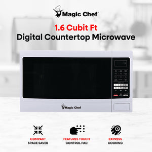 Magic Chef MCM1611W 1100 Watt 1.6 Cubic Feet Digital Countertop Microwave, White