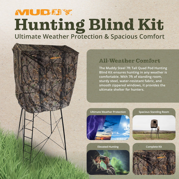 Muddy Steel 7 Foot Tall Quad Pod Hunting Blind w/ 4 Zippered Windows, Camouflage