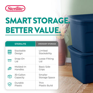 Sterilite Classic Lidded Stackable 30 Gal Storage Tote Container, Blue, 6 Pack