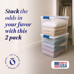 Homz 112 Qt Multipurpose Stackable Storage Bin with Latching Lid, Clear (2 Pack)