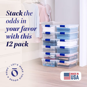 Homz 15.5 Quart Heavy Duty Clear Plastic Stackable Storage Containers, 12 Pack