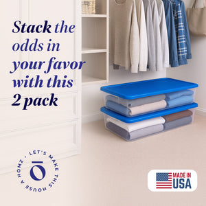 Homz Snaplock 41 Qt Stackable Plastic Storage Container w/ Lid,  2 Pack, Blue