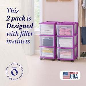 Homz Plastic 3 Drawer Medium Storage Container Tower, Purple Frame (2 Pack)