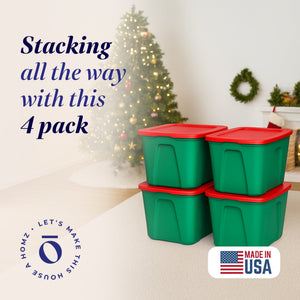 HOMZ 18 Gallon Heavy Duty Plastic Holiday Storage Totes, Green/Red (4 Pack)