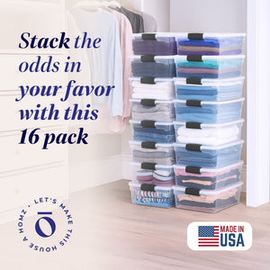 Homz 15.5 Qt Plastic Stackable Storage Container w/Lid, Gray Latch (16 Pack)