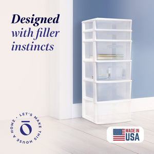 Homz Plastic 6 Clear Drawer Medium Home Storage Container Tower, White Frame