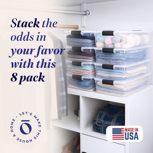 Homz 15.5 Qt Plastic Stackable Home Storage Container w/Lid, Gray Latch (8 Pack)