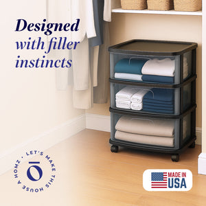 Homz Tall Solid Plastic 3 Drawer Medium Storage Cart with Caster Wheels, Black