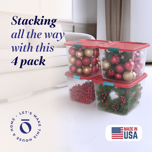 HOMZ 31 Quart Holiday Plastic Storage Container Bin with Latching Lid, 4 Pack