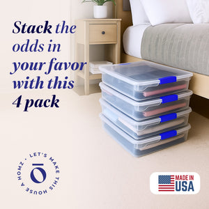 Homz 56 Quart Underbed Secure Latching Clear Plastic Storage Container, 4 Pack
