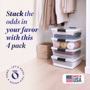 Homz 15.5 Qt Plastic Stackable Home Storage Container w/Lid, Gray Latch (4 Pack)