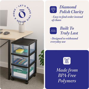 Homz Plastic 3 Drawer Medium Home Storage Container, Clear Drawers & Black Frame