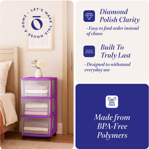 Homz Plastic 3 Drawer Medium Storage Container Tower, Purple Frame (2 Pack)