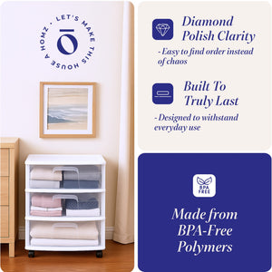 Homz Plastic 3 Clear Drawer Small Rolling Storage Container Tower, White Frame