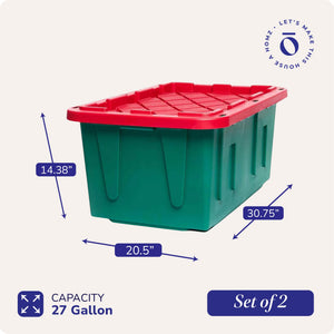 HOMZ Durabilt 27 Gallon Heavy Duty Holiday Storage Tote, Green/Red (2 Pack)