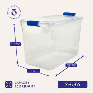 Homz 112 Qt Clear Plastic Stackable Storage Containers with Latch Lid, 6 Pack