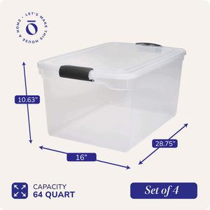 Homz 64 Qt Clear Storage Organizing Container Bin with Latching Lids (4 Pack)