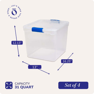 Homz 31 Qt Heavy Duty Clear Plastic Latching Stackable Storage Containers, 4 Pk
