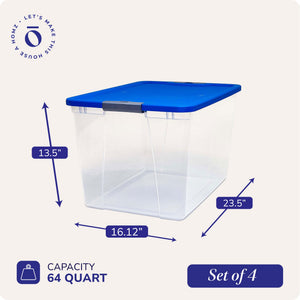 Homz 64 Qt Secure Latch Large Clear Stackable Storage Container Bin (4 Pack)