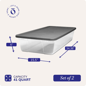 Homz 41 Quart Stackable Plastic Under Bed Storage Containers with Lid, (2 Pack)