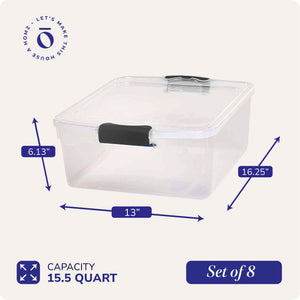 Homz 15.5 Qt Plastic Stackable Home Storage Container w/Lid, Gray Latch (8 Pack)