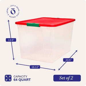 Homz 64 Qt Secure Latch Clear Plastic Storage Container Bin w/ Red Lid, 2 Pack