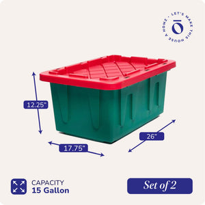 HOMZ Durabilt 15 Gallon Heavy Duty Holiday Storage Tote, Green/Red (2 Pack)