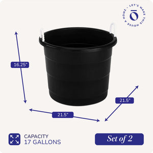 Homz 17 Gal Plastic Open Storage Round Utility Tub with Handles, Black (2 Pack)