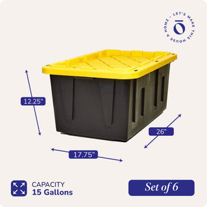 Homz Durabilt 15 Gallon Stackable Home Storage Container Lidded Tote Bin, 6 Pack