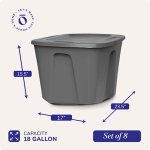 Homz 18-Gallon Stackable Plastic Storage Tote Container with Snap-On Lid, 8 Pack