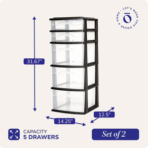 Homz Plastic 5 Drawer Storage Container Tower Closet Organizer, Black, 2 Pack